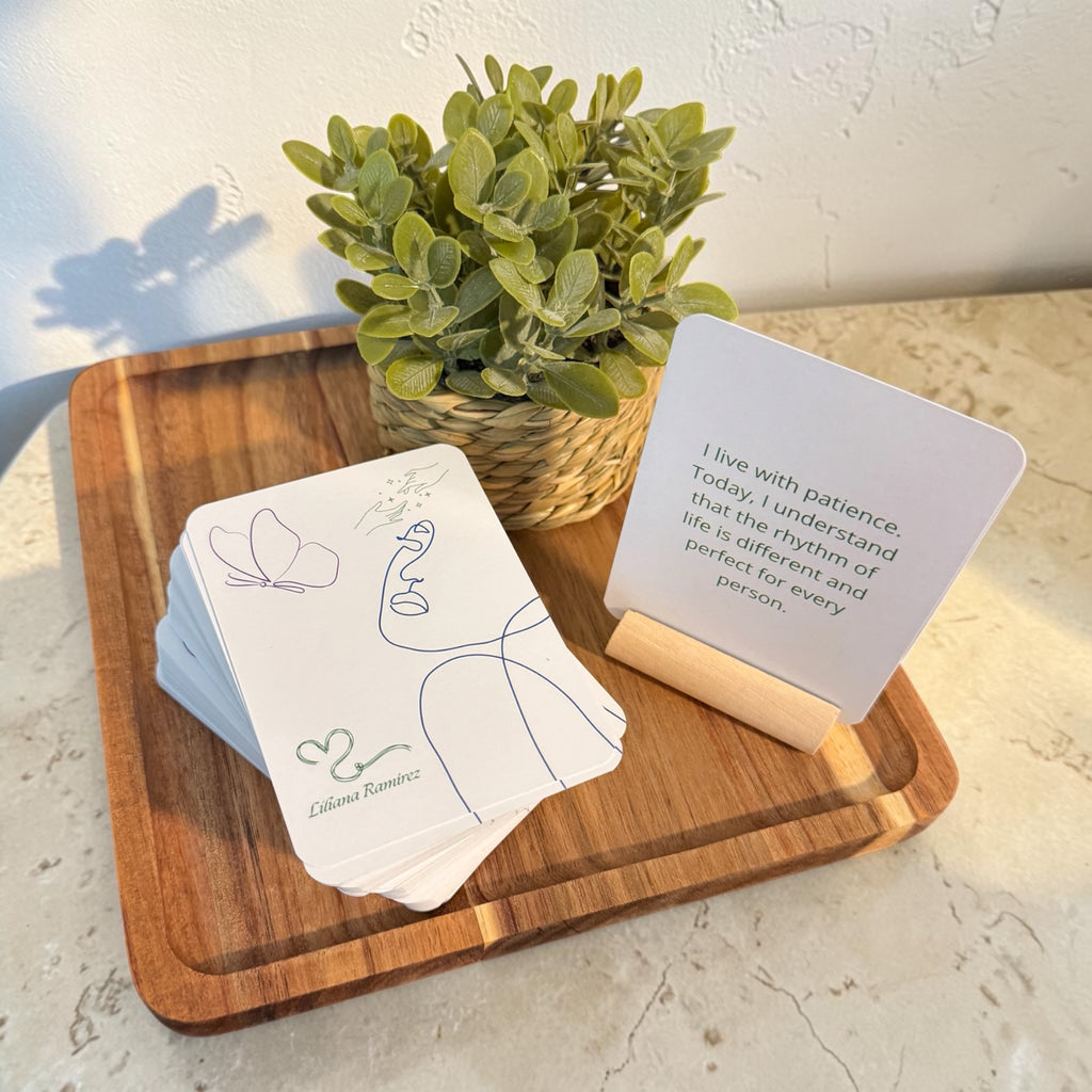 Square Wood Tabletop Display Set with Affirmation Deck and Faux Greenery