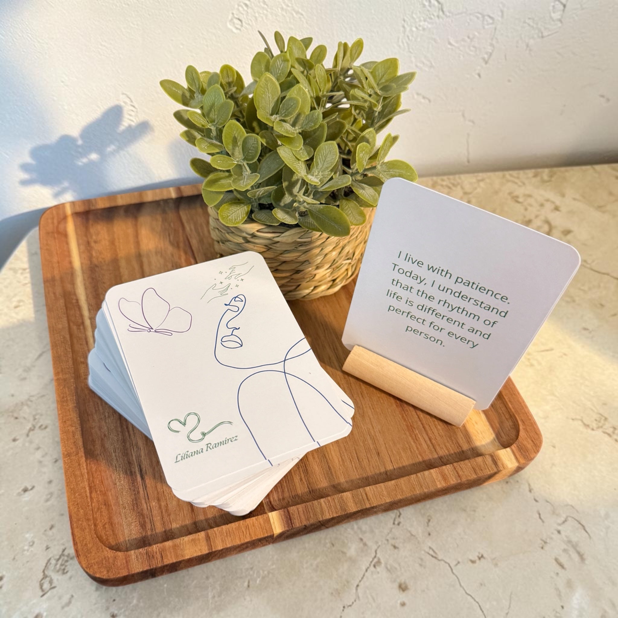 Square Wood Tabletop Display Set with Affirmation Deck and Faux Greenery
