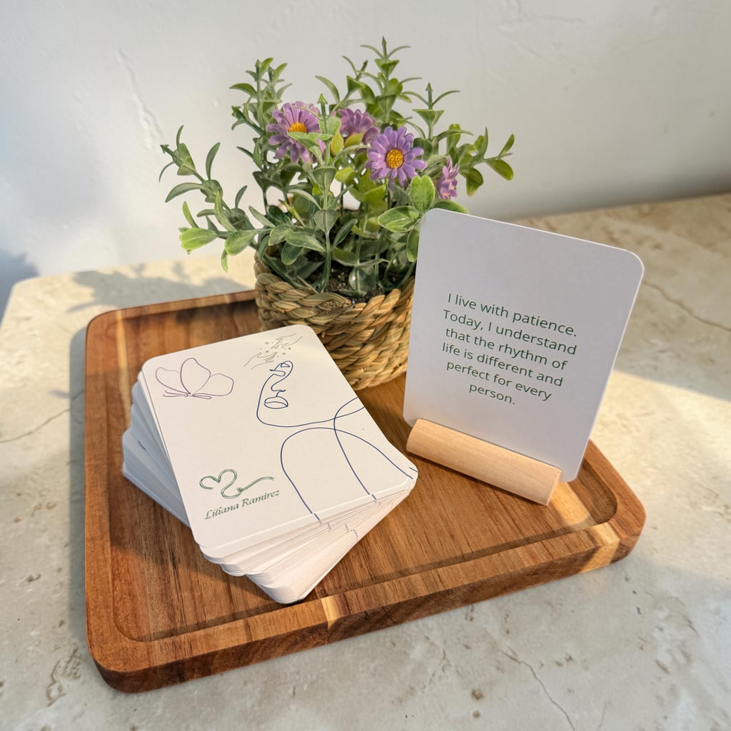 Square Wood Tabletop Display Set with Affirmation Deck and Faux Greenery